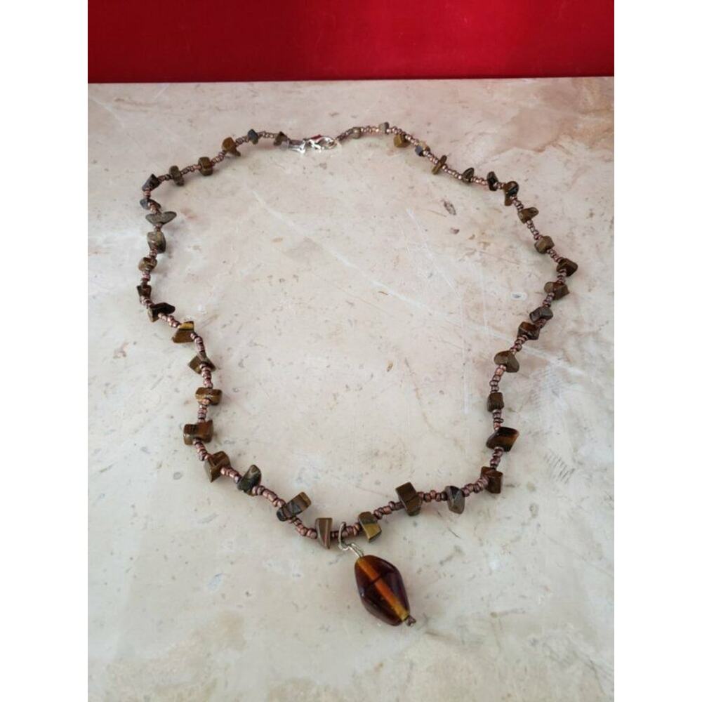 Vintage Necklace Tigers Eye Necklace with Brown Pendant